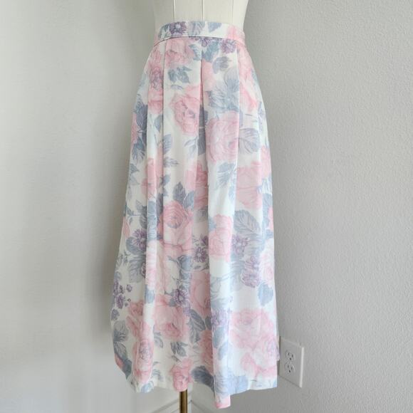Vintage 80s Tan Jay Pastel Floral Pleated Midi Skirt High Waist Wool Blend 2 - Picture 1 of 9